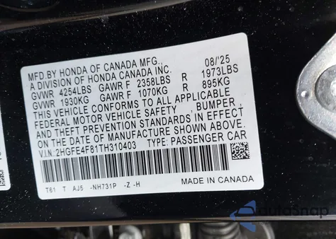 2026 Honda Civic Hybrid Sport/Sport Touring z USA, uszkodzony, nr VIN 2HGFE4F81TH310403